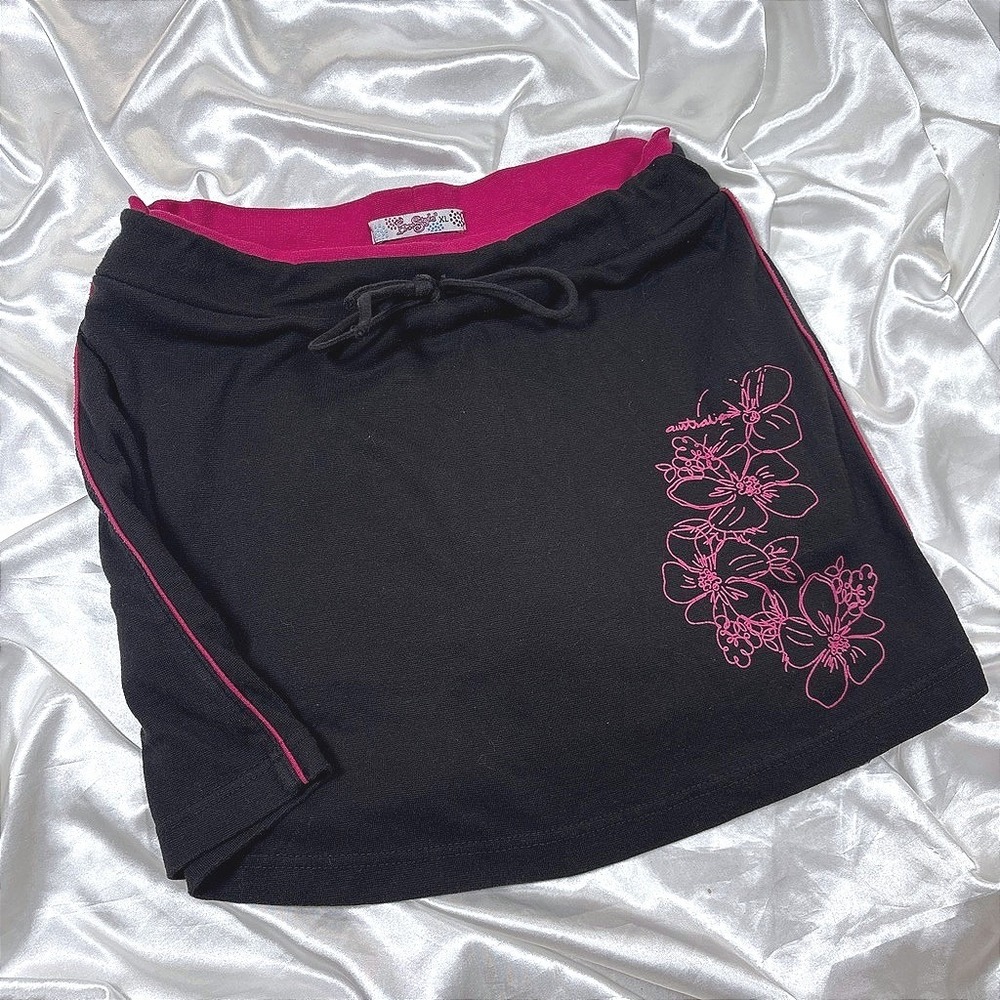 y2k Mini Skirt Black Excellent Floral Graphic Drawstring Sporty Hibiscus XL